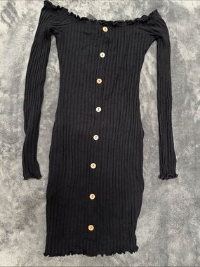 Fashion Nova Black Off-Shoulder Ribbed Button-Front Long Sleeve Dress